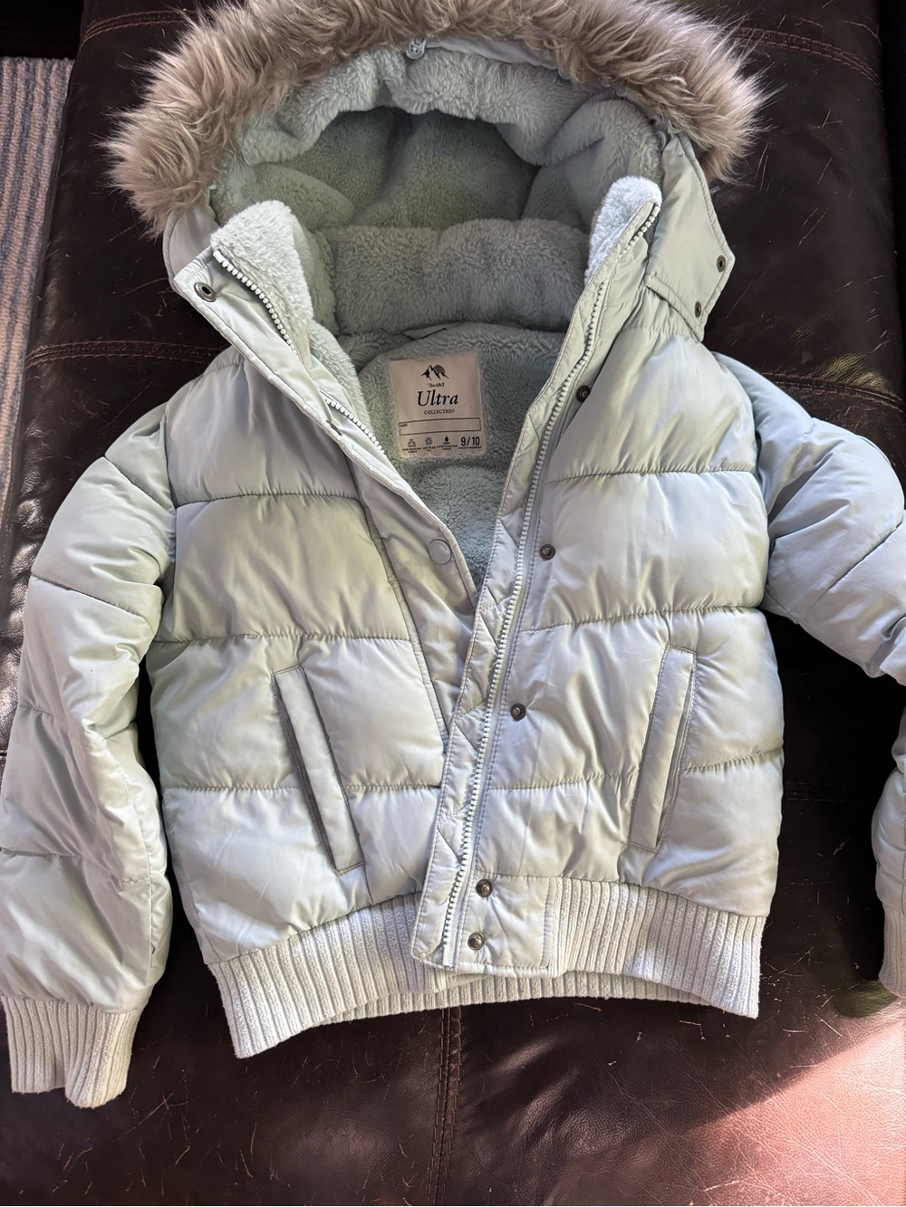 Abercrombie & Fitch Light Mint Puffer Jacket with Faux Fur Hood
